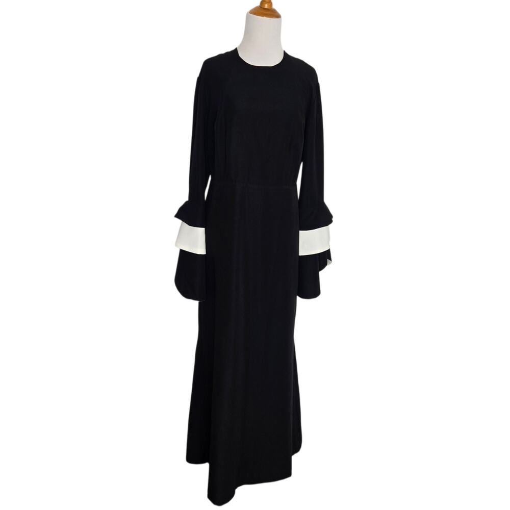Annah Hariri Women Classic Modest Black Dress Bell Sleeve Chic Modern Long 12